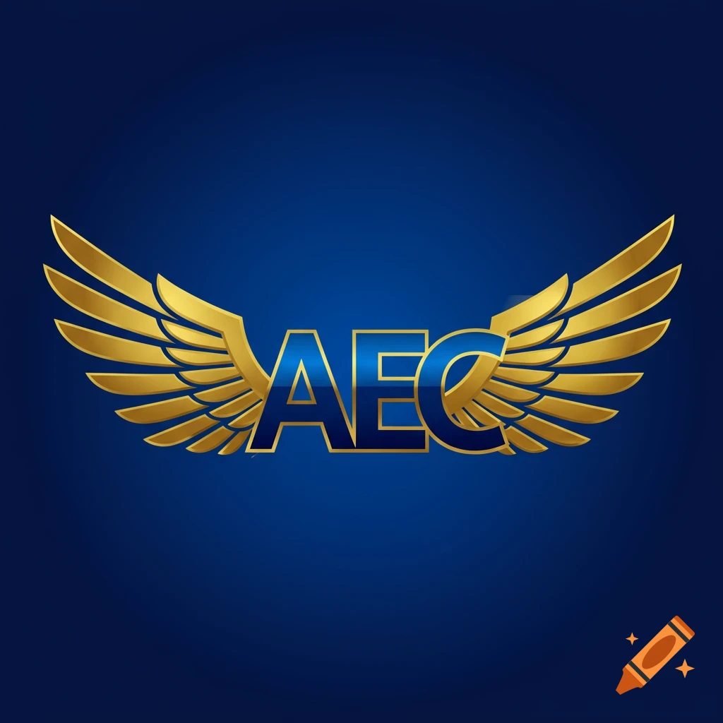 A blue and gold logo with the letters AEC and golden wings.