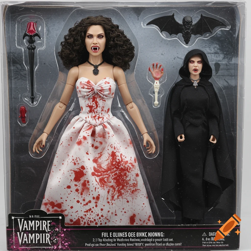 A female vampire action figure in packaging. She wears a white strapless dress stained with blood and has fangs. A second smaller figure in a black hooded cloak is beside her, along with toy accessories like a bat and staff.
