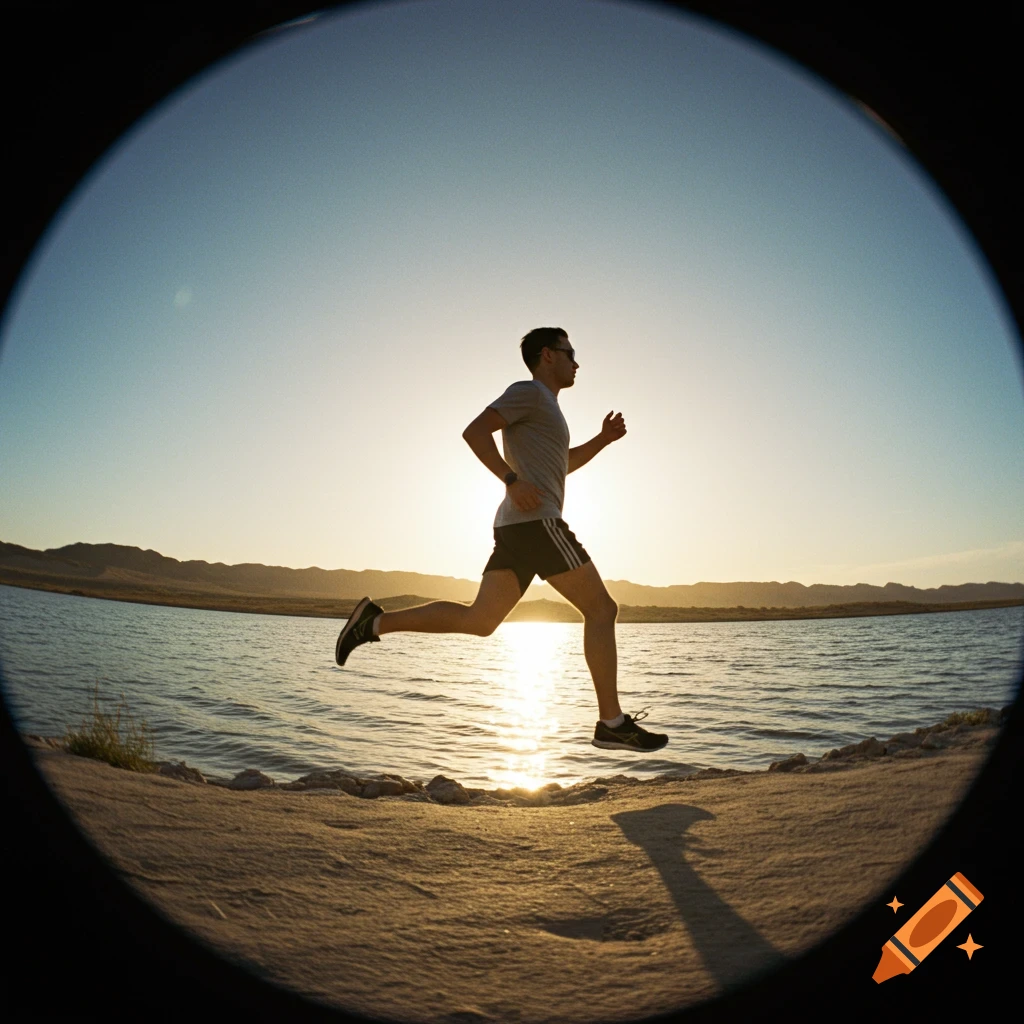 Silhouette of a runner by a lake at sunset, captured with a fisheye lens.