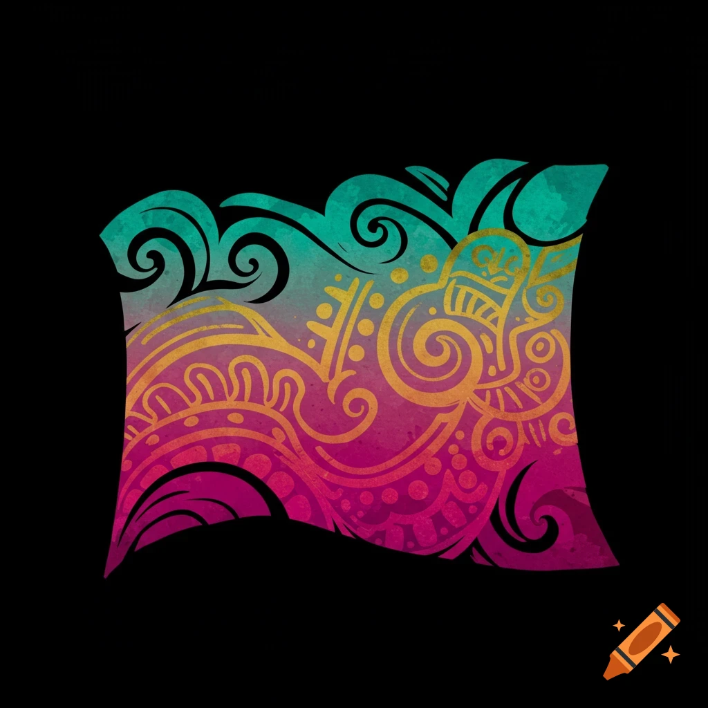 Abstract decorative shape with swirls and dots in a gradient of teal, gold, and pink on a black background.