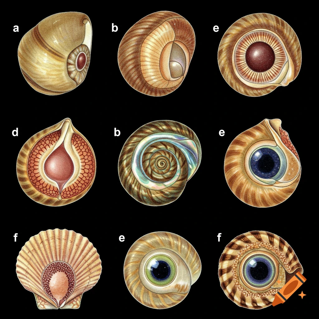 Illustrative diagram of different mollusk eye and shell types, labeled A, B, D, E, F.