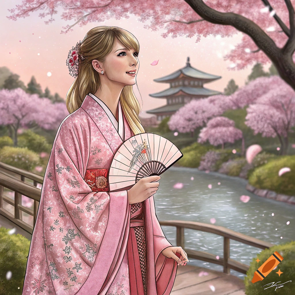Woman in pink kimono in a Japanese garden with cherry blossoms and pagoda.