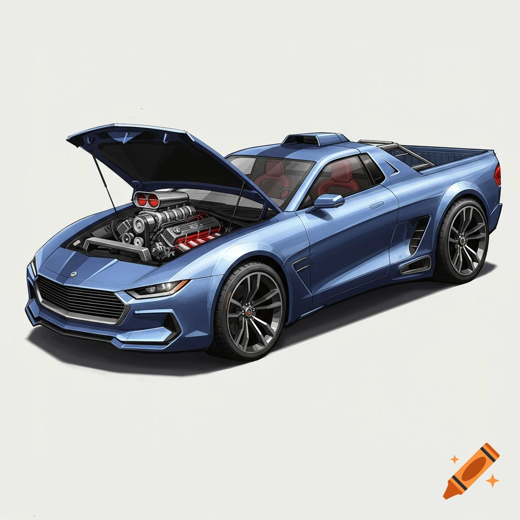 A blue custom coupe pickup truck with the hood open showing a large engine.