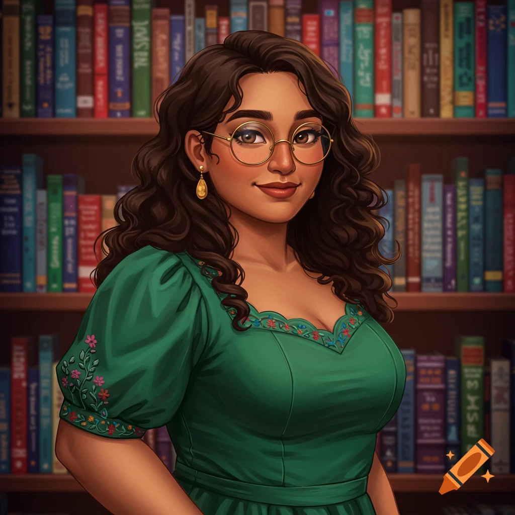 A woman with long hair and glasses in a green dress stands in front of a bookshelf.