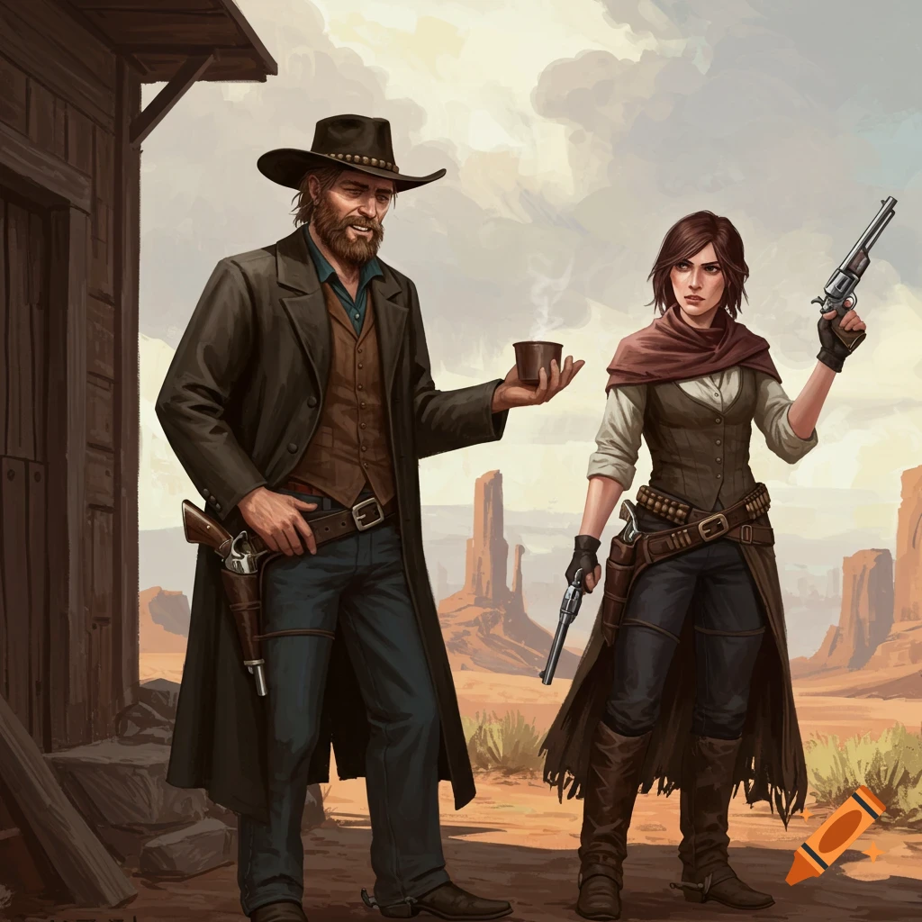 Two Western characters, a man and a woman, stand in a desert landscape. The man holds a cup, the woman holds a gun.