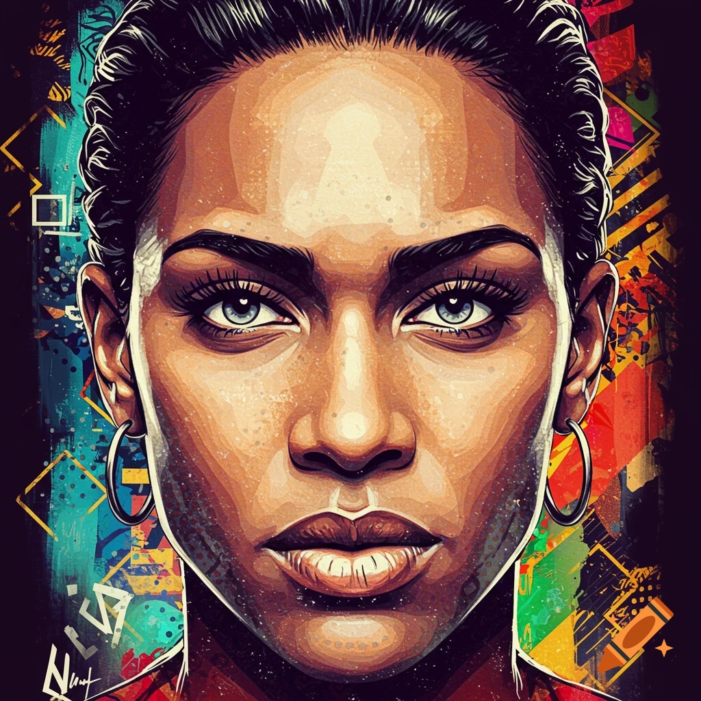 A close-up of a woman's face is shown, set against a vibrant background of abstract colors.