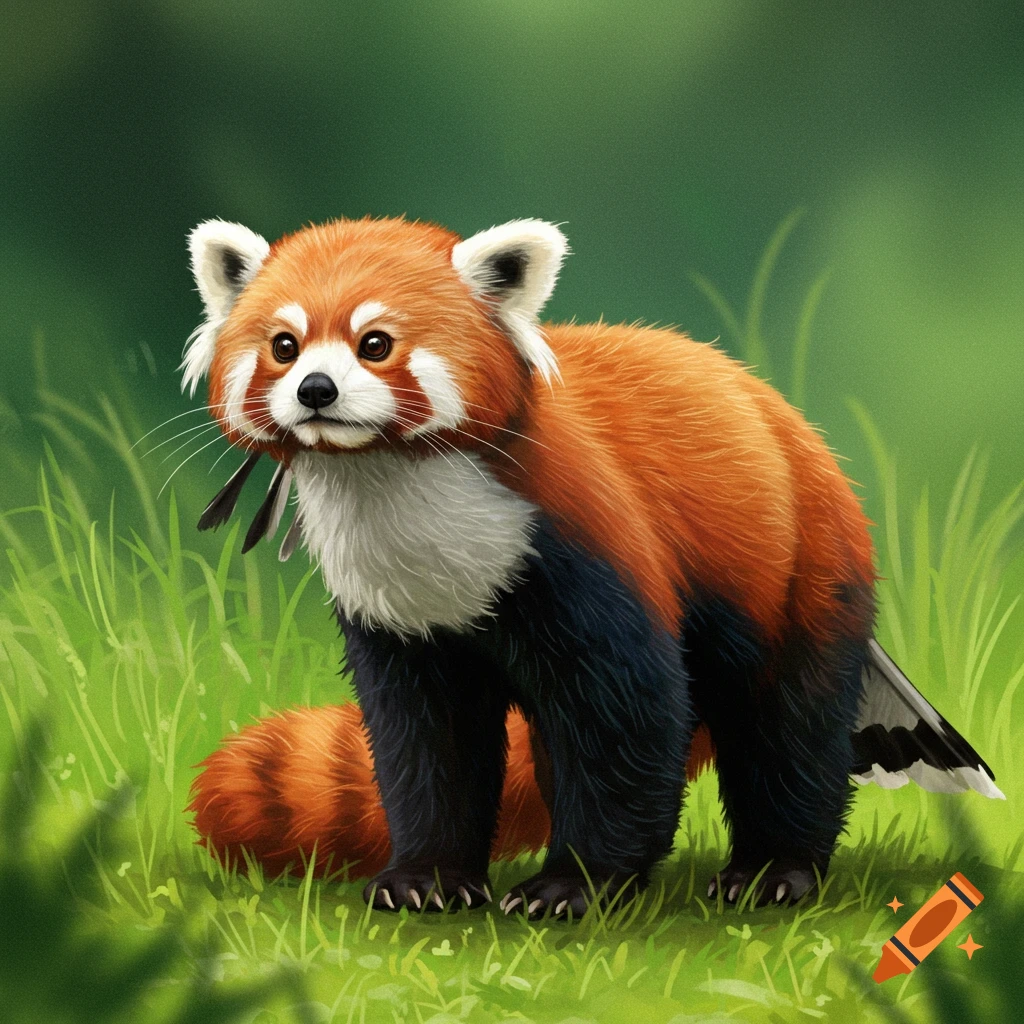 A red panda and secretary bird hybrid standing in green grass.