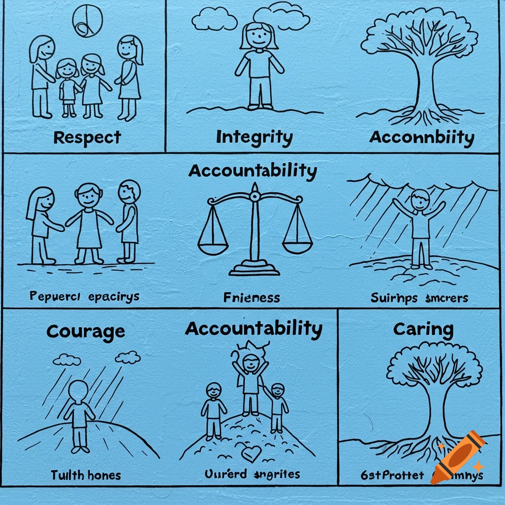 A grid of simple black line drawings on a blue background. Each cell contains an illustration and text labels like Respect, Integrity, and Caring.