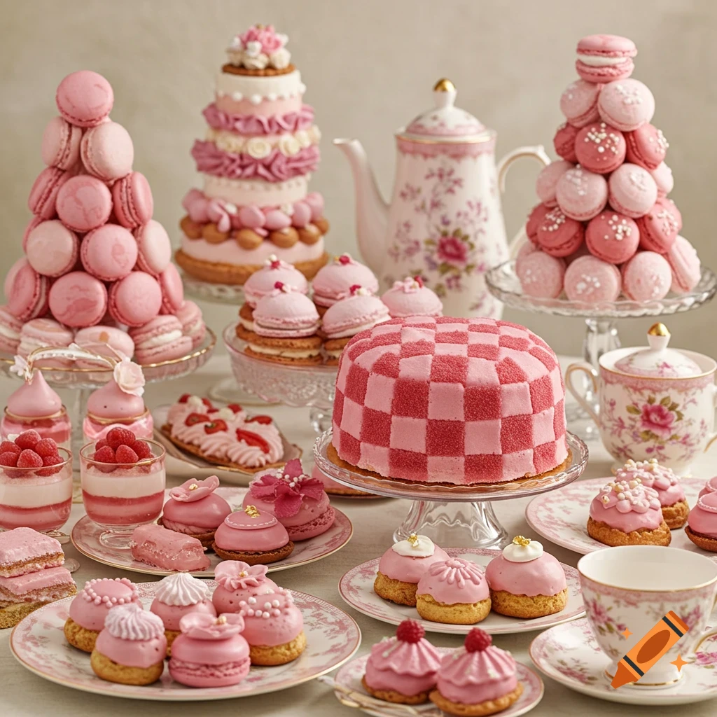 Lavish display of pink desserts, macaron towers, checkered cake, and tea ware for an afternoon tea.
