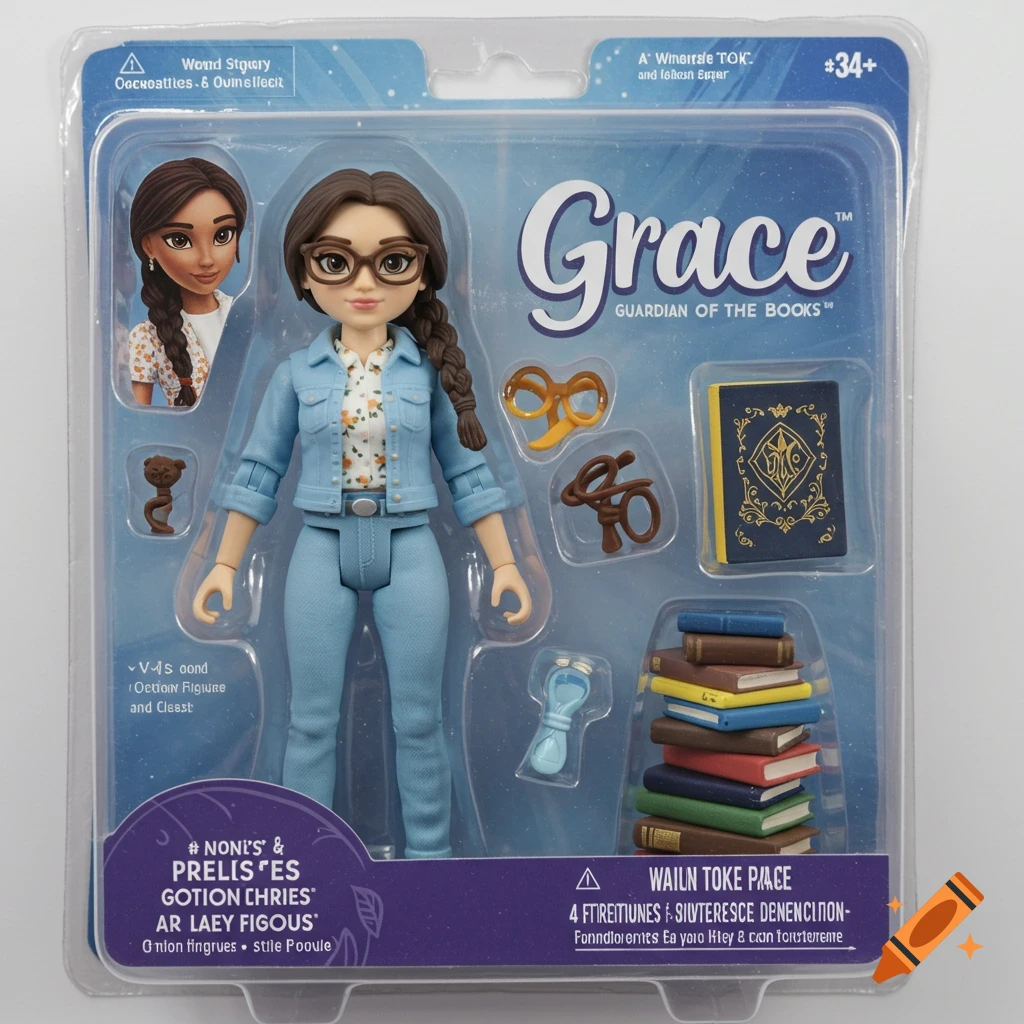 Action figure doll named Grace in toy packaging with books and accessories