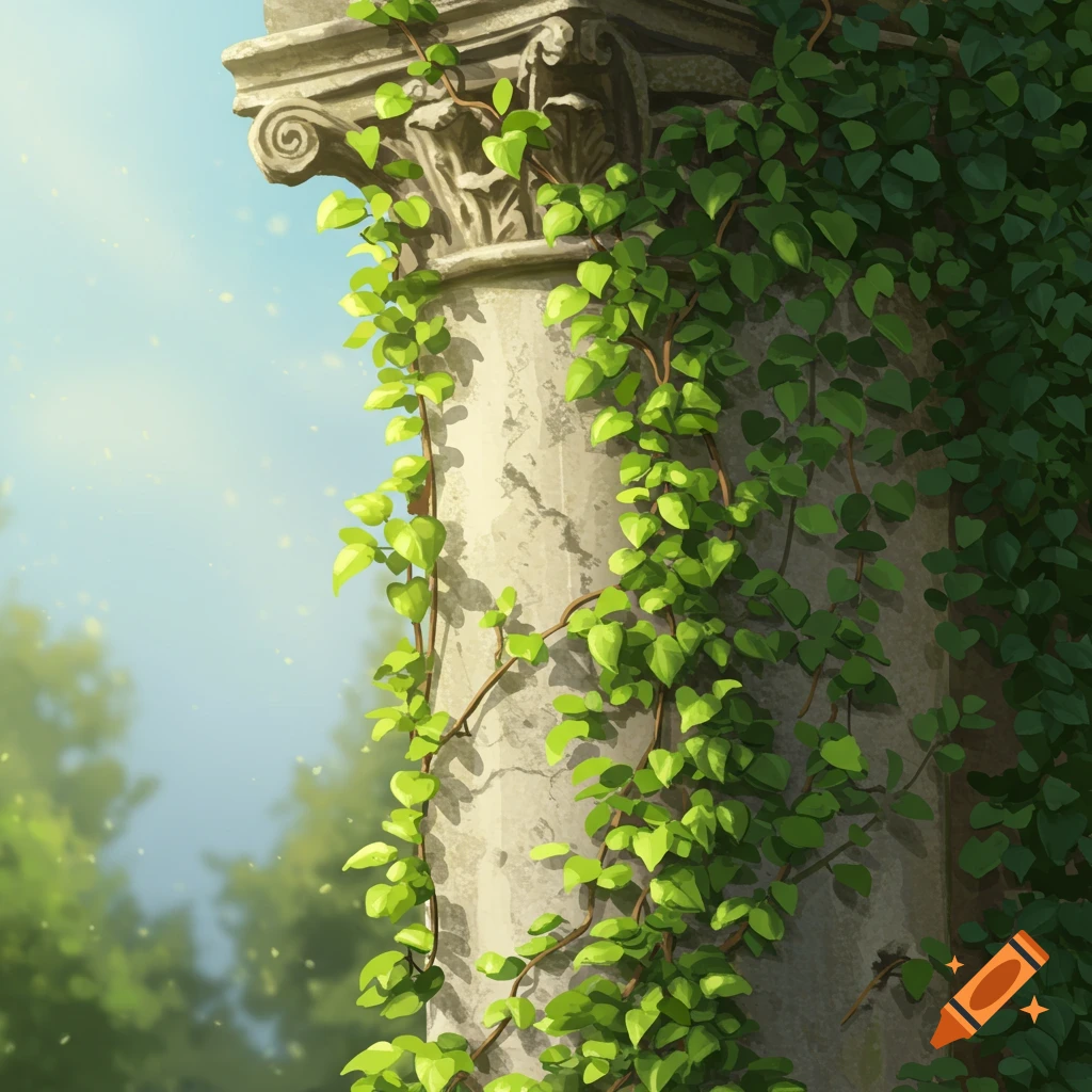A stone column covered in green vines