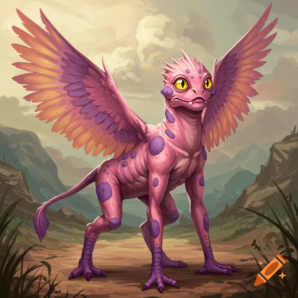 A pink creature with purple spots, yellow eyes, and wings stands in a landscape.