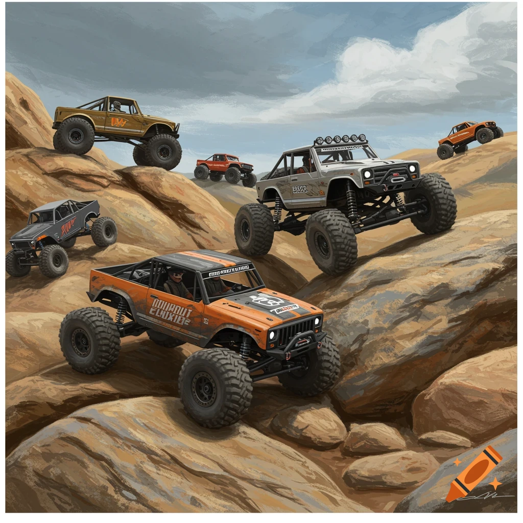 Several RC crawler trucks climbing a rocky desert landscape.