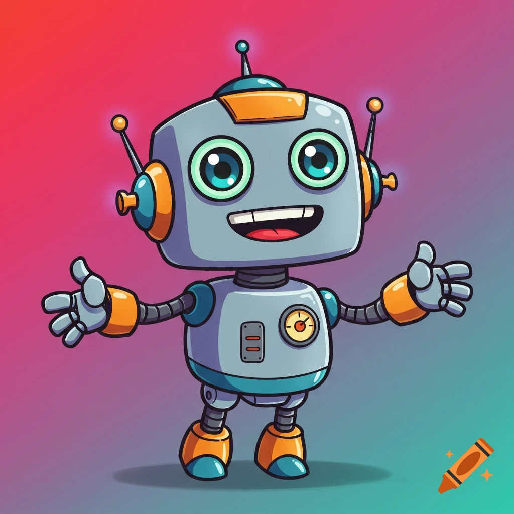 Cartoon robot mascot with large eyes and outstretched arms.