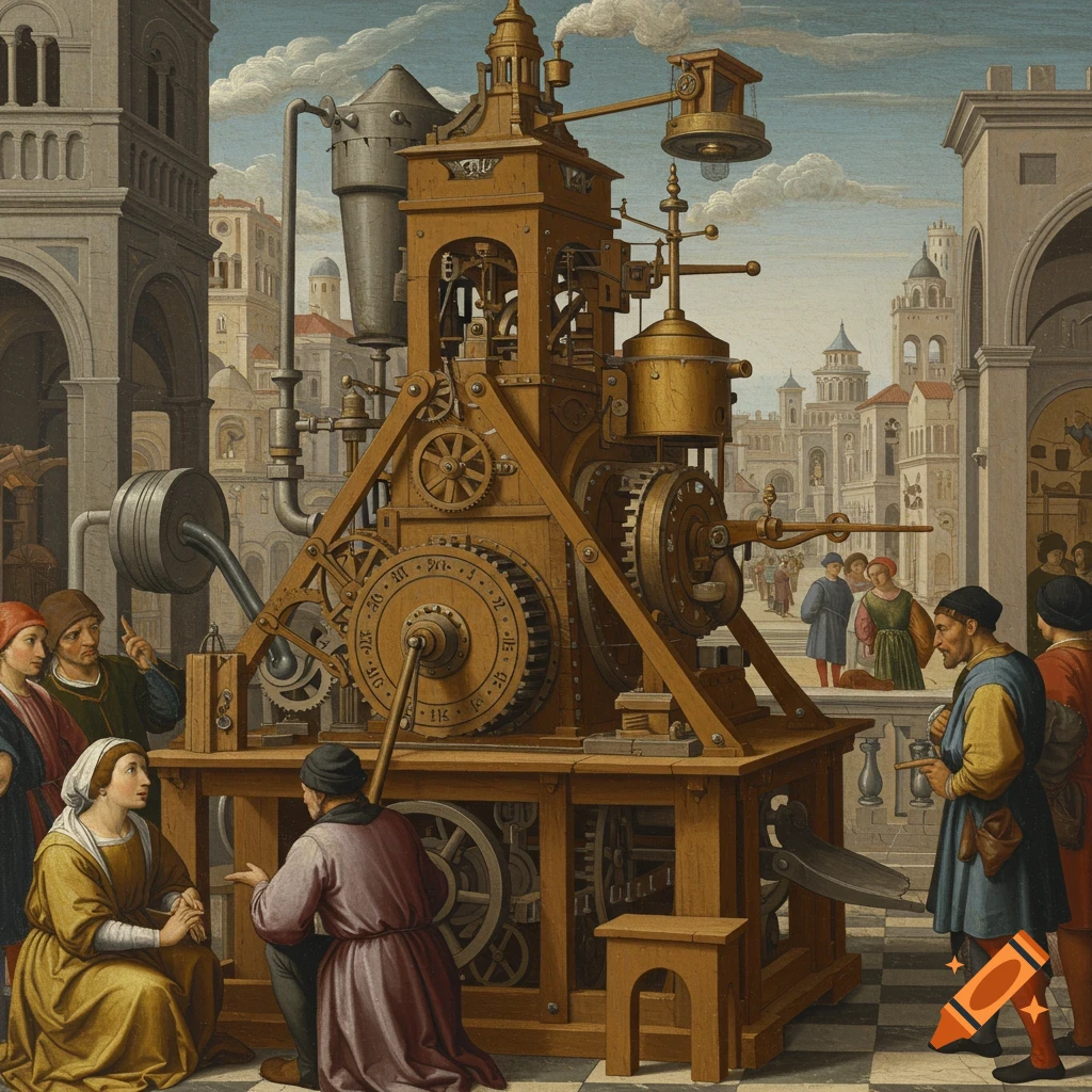 A large wooden machine with gears and pipes in a town square, surrounded by people in Renaissance clothing, in the style of a painting.