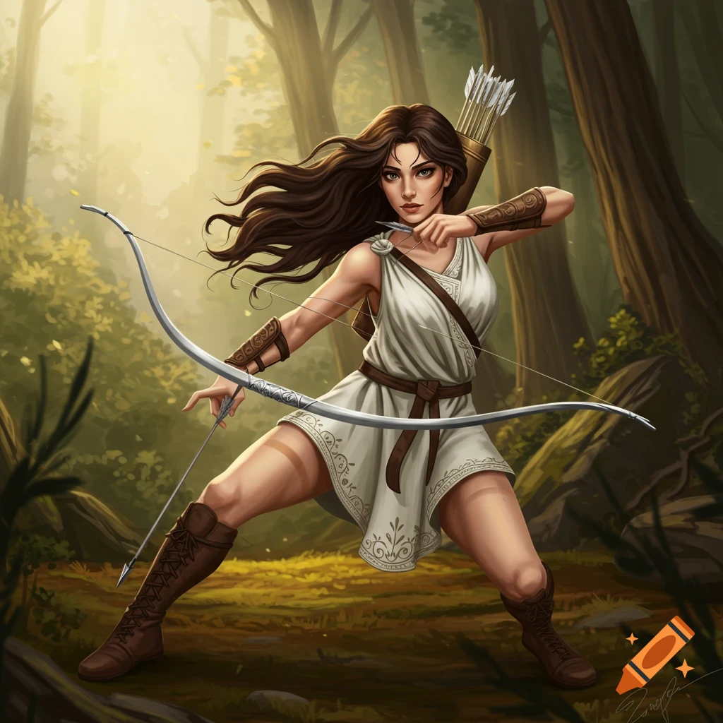 A female archer in a forest aiming a bow.