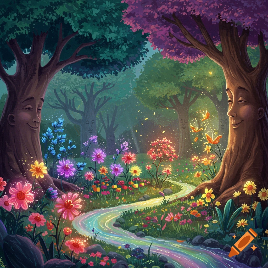 A magical garden with trees that have faces, a sparkling rainbow river, and colorful, glowing flowers in an illustration style.