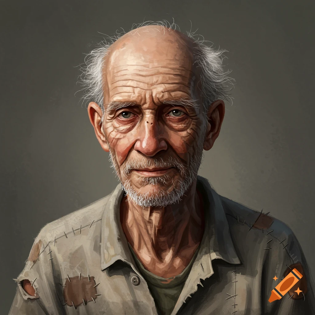 Portrait of an old person with grey hair and beard, wearing a patched shirt.