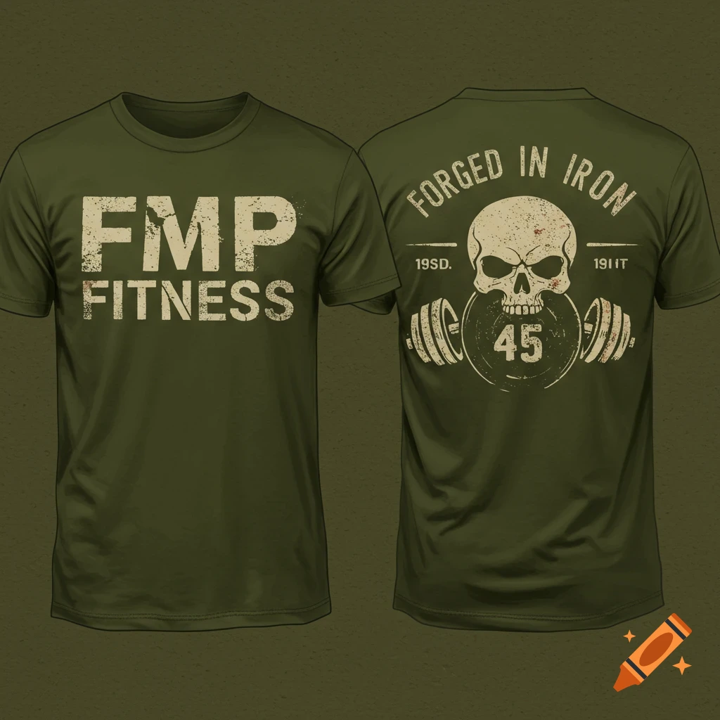Mockup of an olive green t-shirt with FMP Fitness logo on front and skull, weight plate, 'Forged in Iron' graphic on back.
