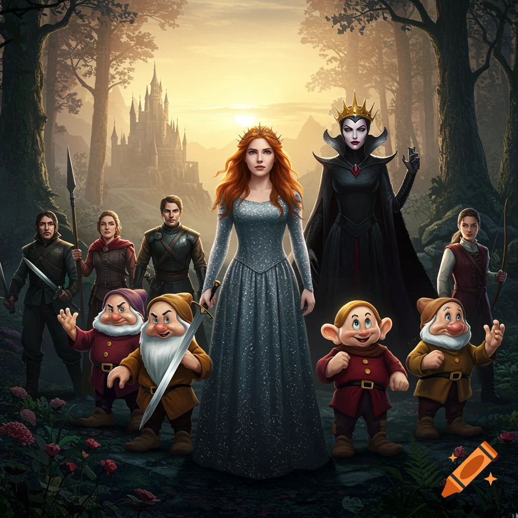A fantasy image of a princess with dwarfs and rebels facing an evil queen in a forest with a castle.