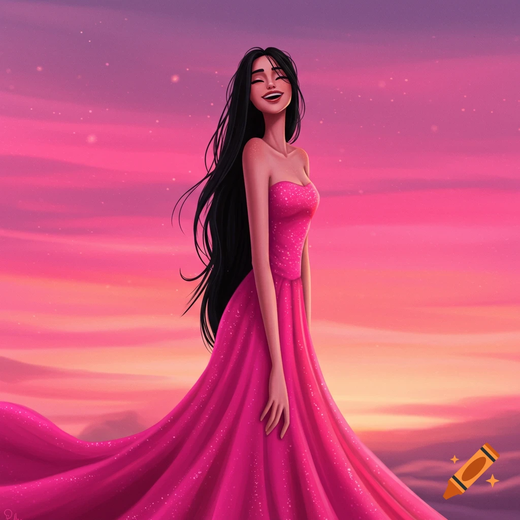 Painting of a woman in a sparkly pink dress standing against a sunset sky.