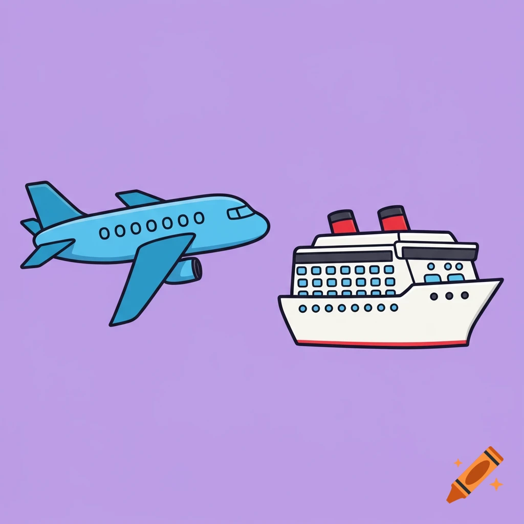A cartoon-style blue airplane flies next to a white cruise ship against a purple background.