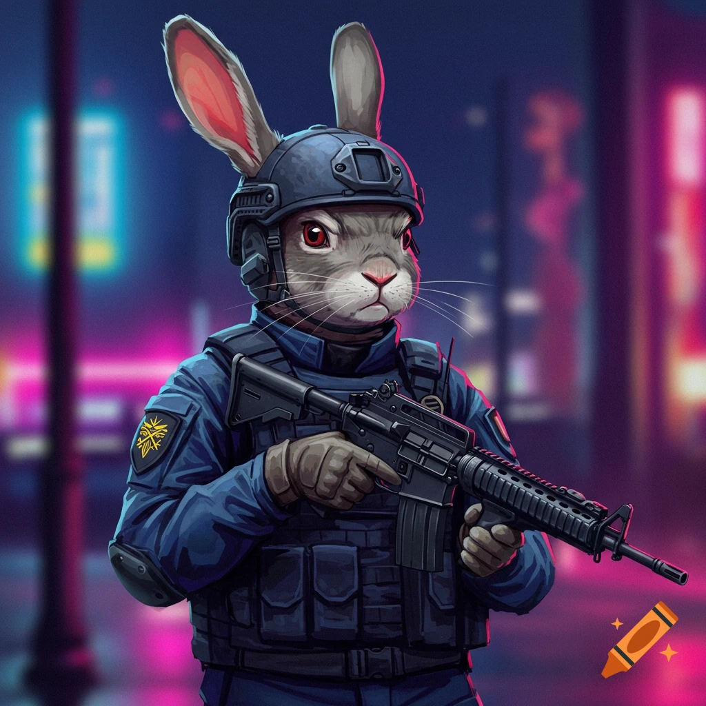 A rabbit dressed as a SWAT officer holding a rifle in a neon cityscape.