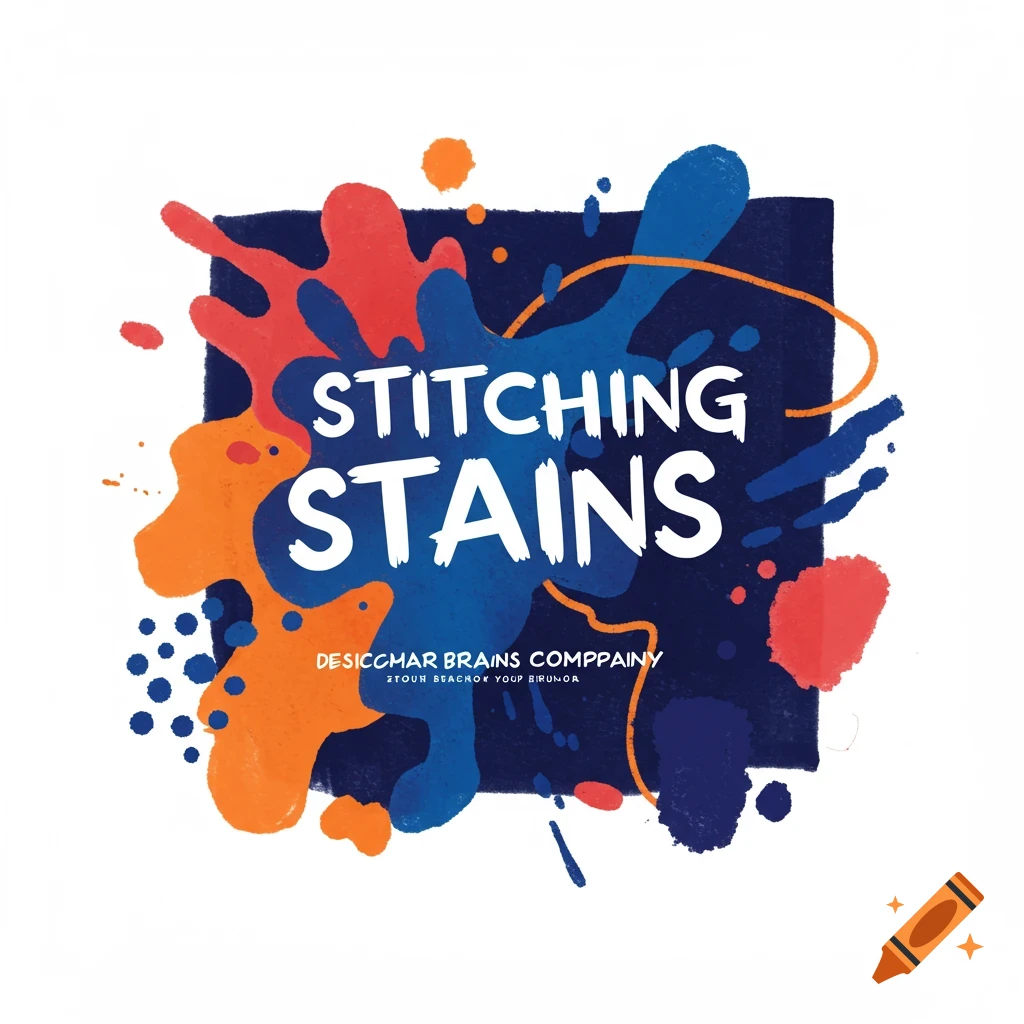 A graphic design with white text "STITCHING STAINS" over blue, red, and orange paint splashes on white. Smaller illegible text below.