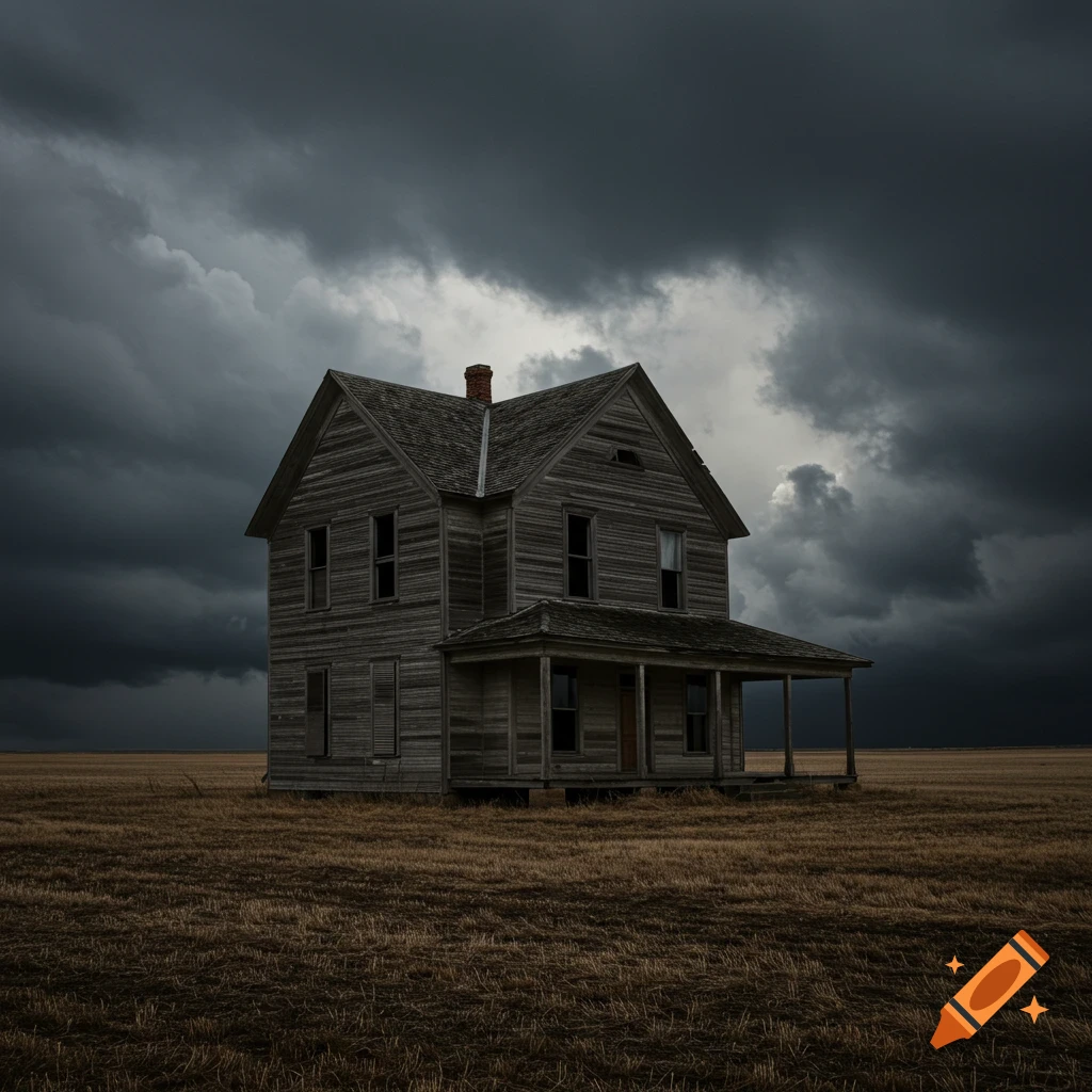 An old wooden farmhouse stands alone in a field under dark storm clouds.