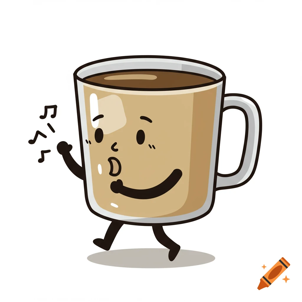 Cartoon coffee mug character walking and whistling