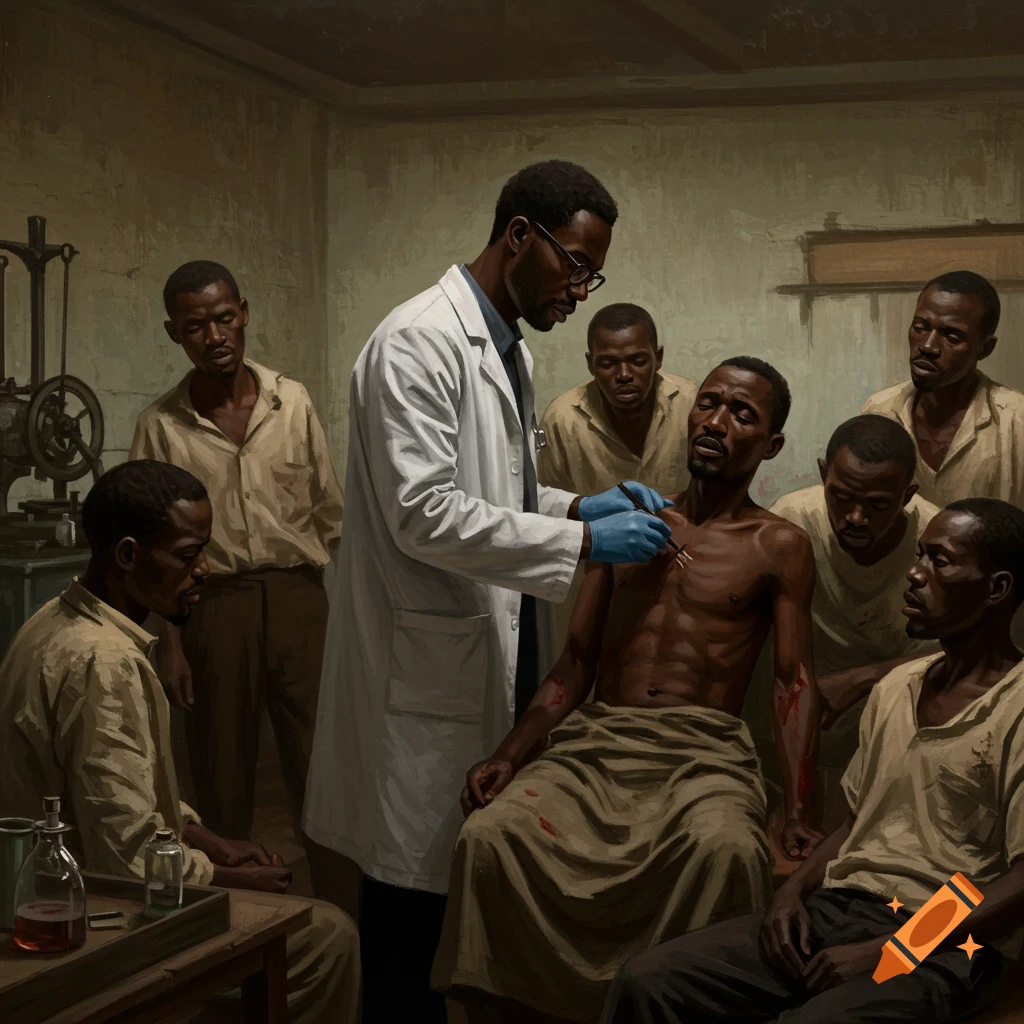 A Black doctor is treating a patient surrounded by other men.
