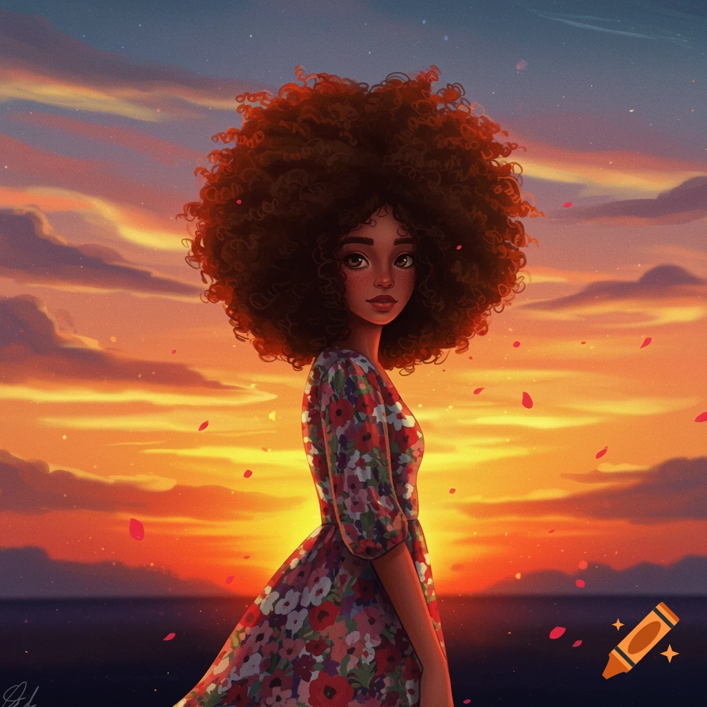 A girl with an afro in a floral dress against a vibrant sunset.
