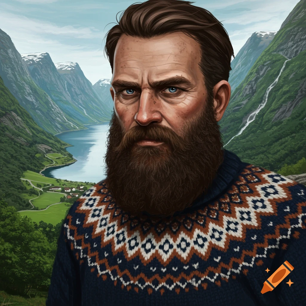 A bearded man in a patterned sweater in front of a Norwegian fjord landscape.