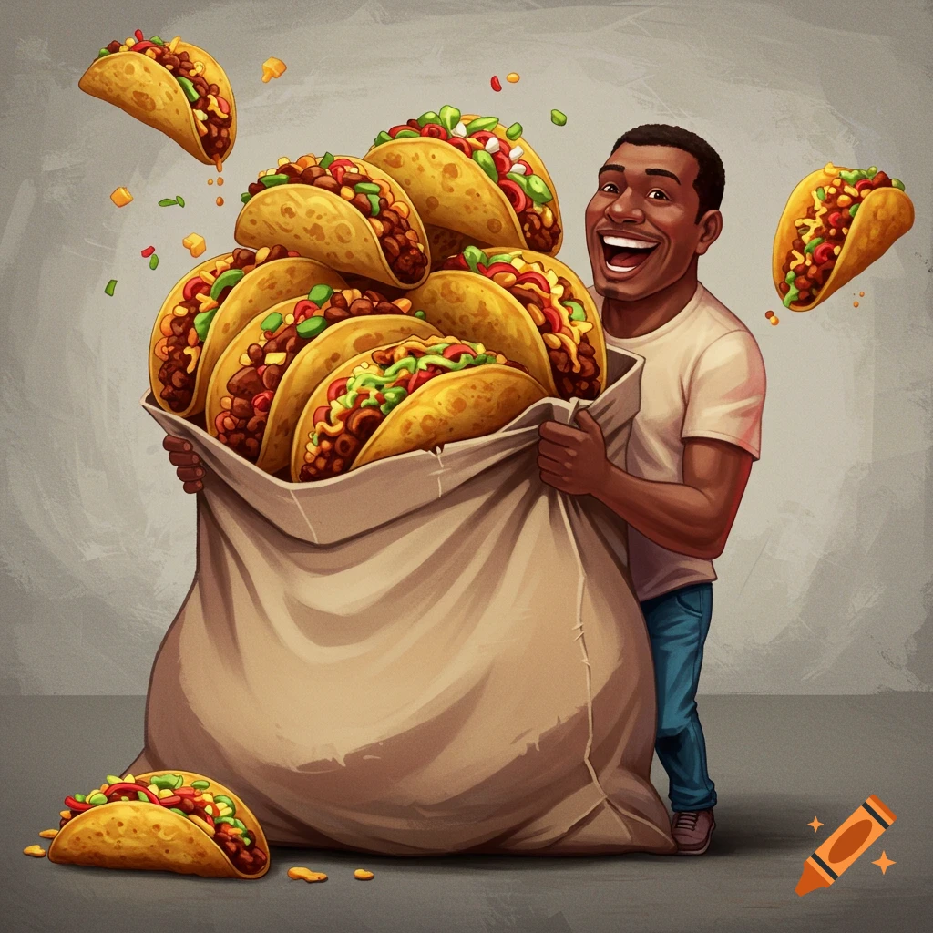 A smiling man holding a large bag overflowing with tacos.