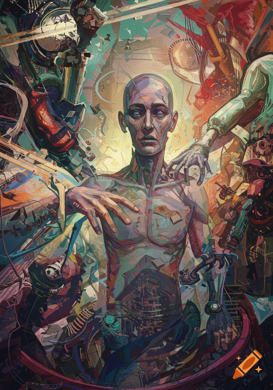 Surreal painting of a bald figure merging with mechanical and abstract forms in a dark, painterly style.
