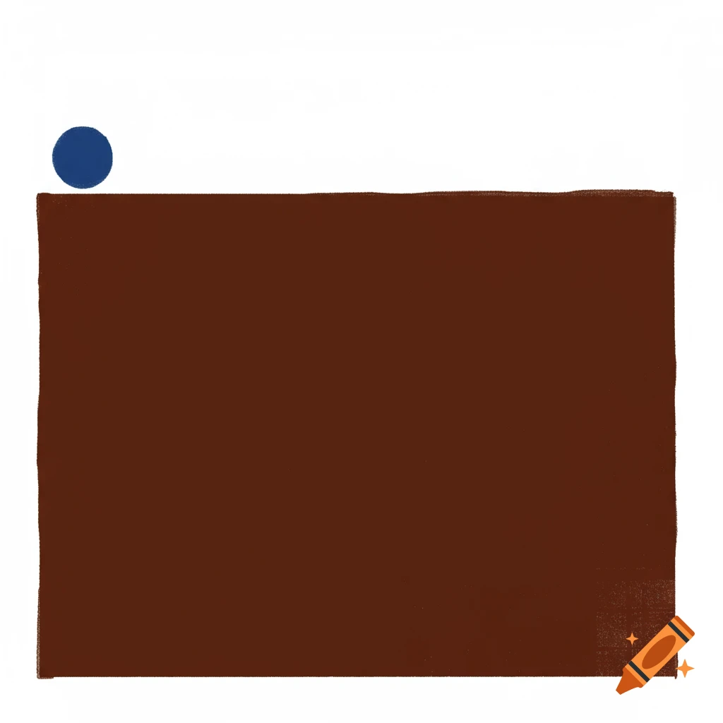 Minimalist abstract art of a horizontal brown rectangle with a small blue circle on the top edge.