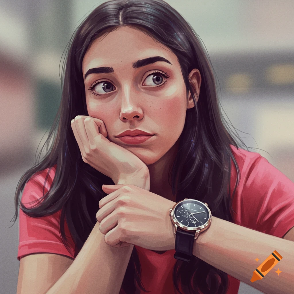 A woman with dark hair rests her head on her hand while wearing a watch.