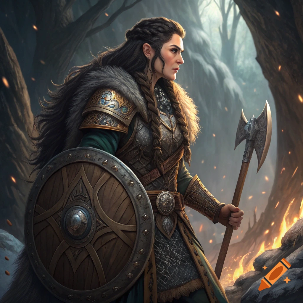 Female fantasy warrior in detailed armor holding an axe and shield in a forest with fire.