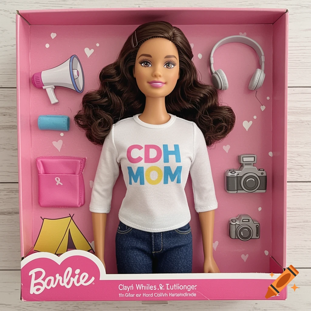 Photo of a Barbie doll in a pink box with accessories. The doll wears a shirt saying "CDH MOM".