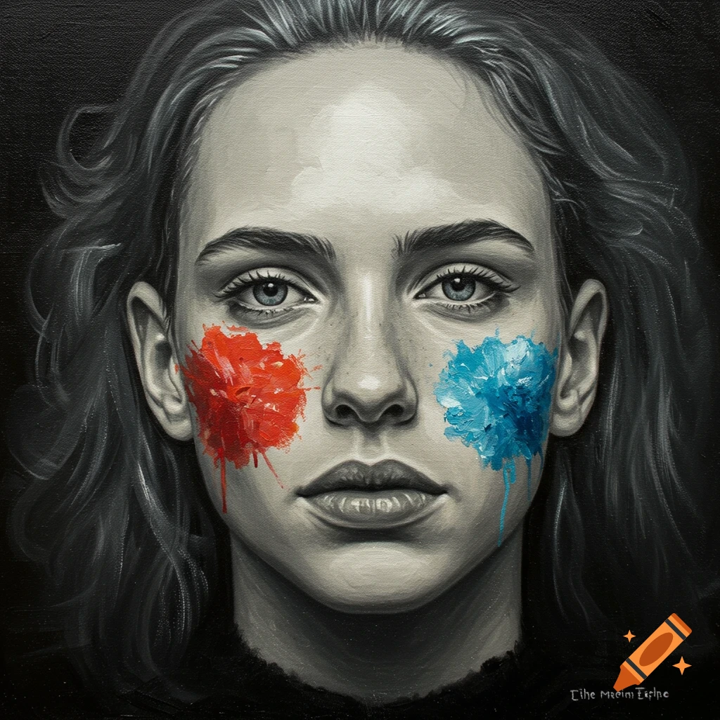 Painting of a person's face with red and blue paint strokes