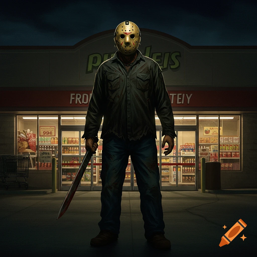 Jason Vorhees holding a machete in front of a supermarket at night.