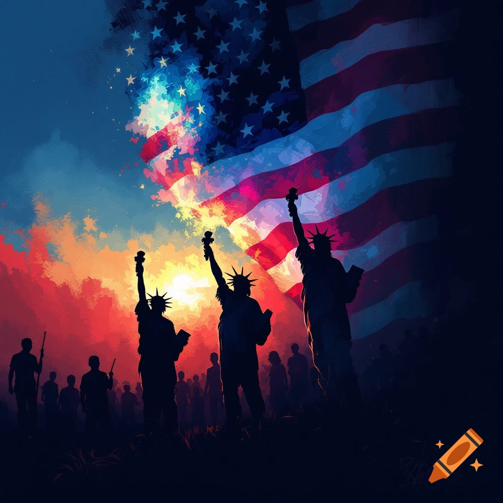 Silhouetted figures, some like the Statue of Liberty, stand against a sunset and American flag.
