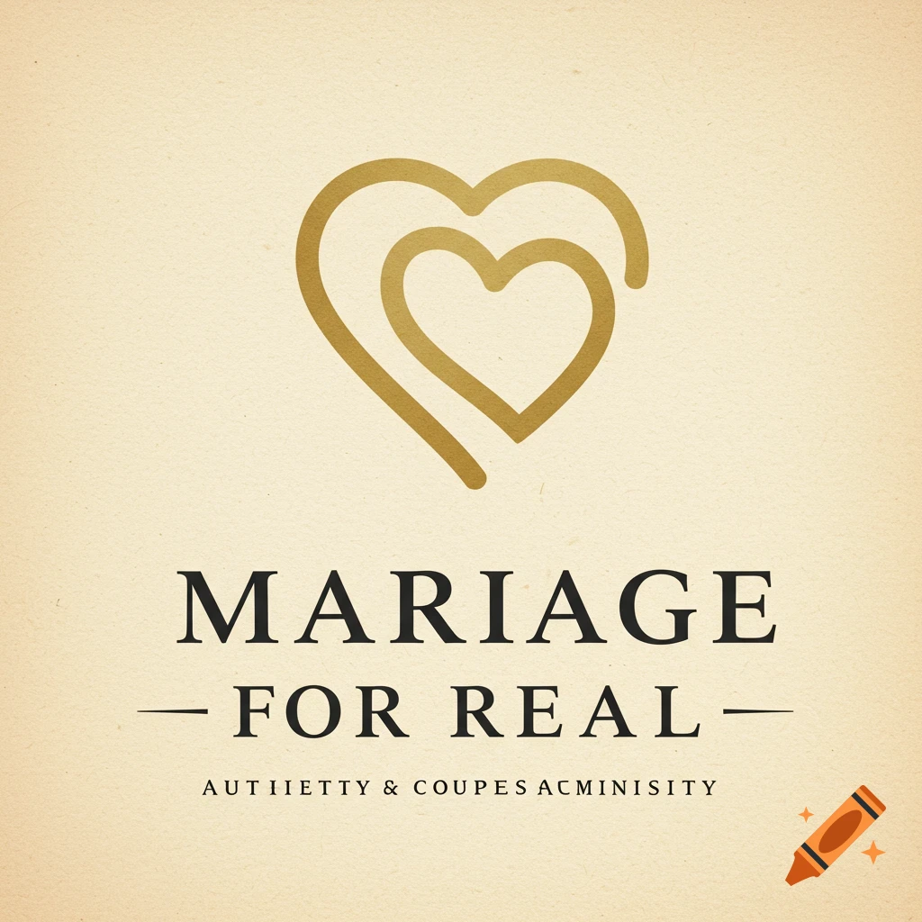 Logo with gold intertwined hearts above text 'MARIAGE FOR REAL' and smaller text on beige background.