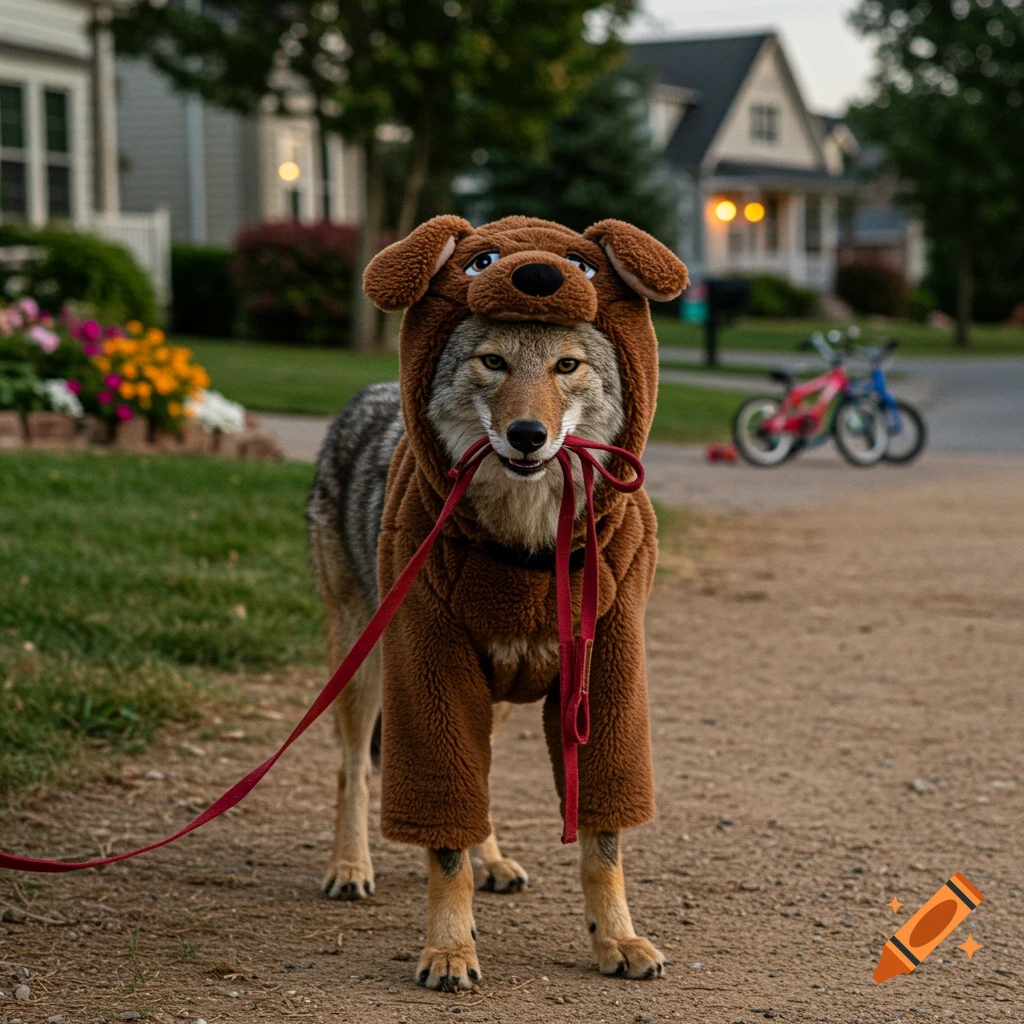 A coyote wearing a plush brown dog costume holds a red leash in its mouth on a suburban street at dusk.