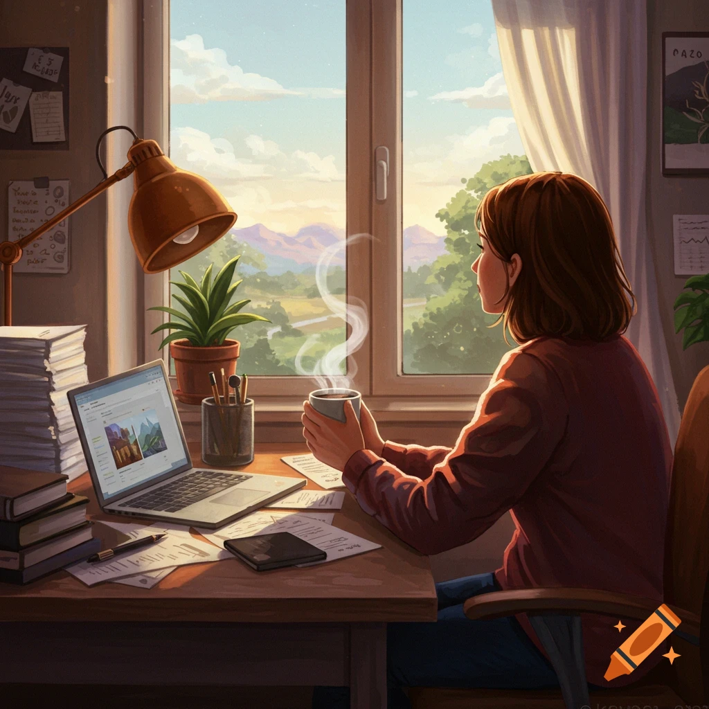 A person sits at a desk with a laptop and papers, holding a mug and looking out a window at a landscape.