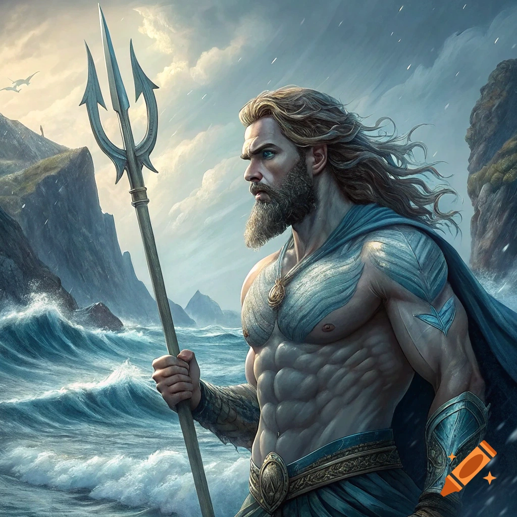 A muscular man with a trident stands by a stormy ocean, fantasy art.