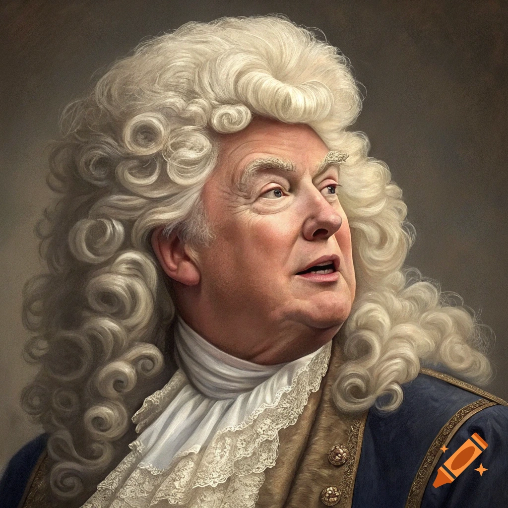 Portrait of a man resembling Trump in a large white 1600s wig and historical clothes.