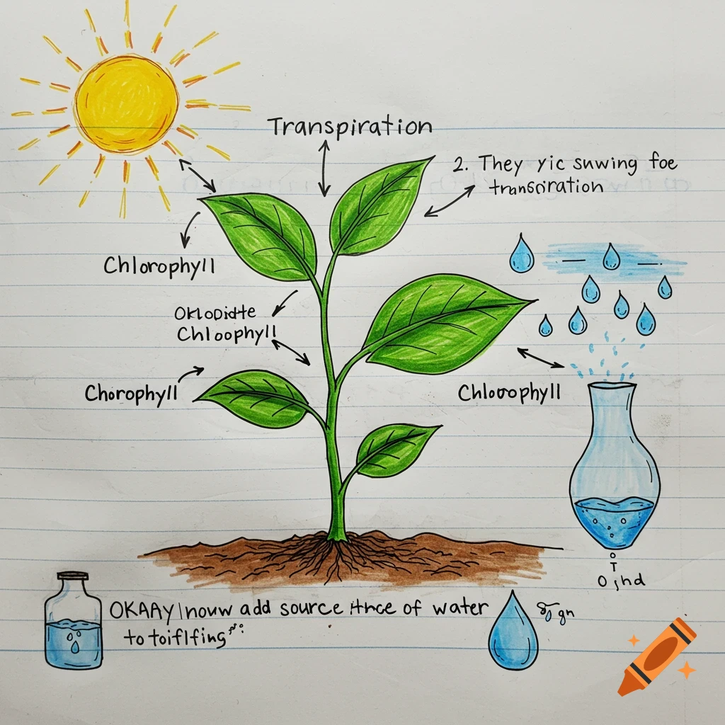Hand-drawn science diagram showing plant transpiration, chlorophyll, sun, water, and roots with labels.