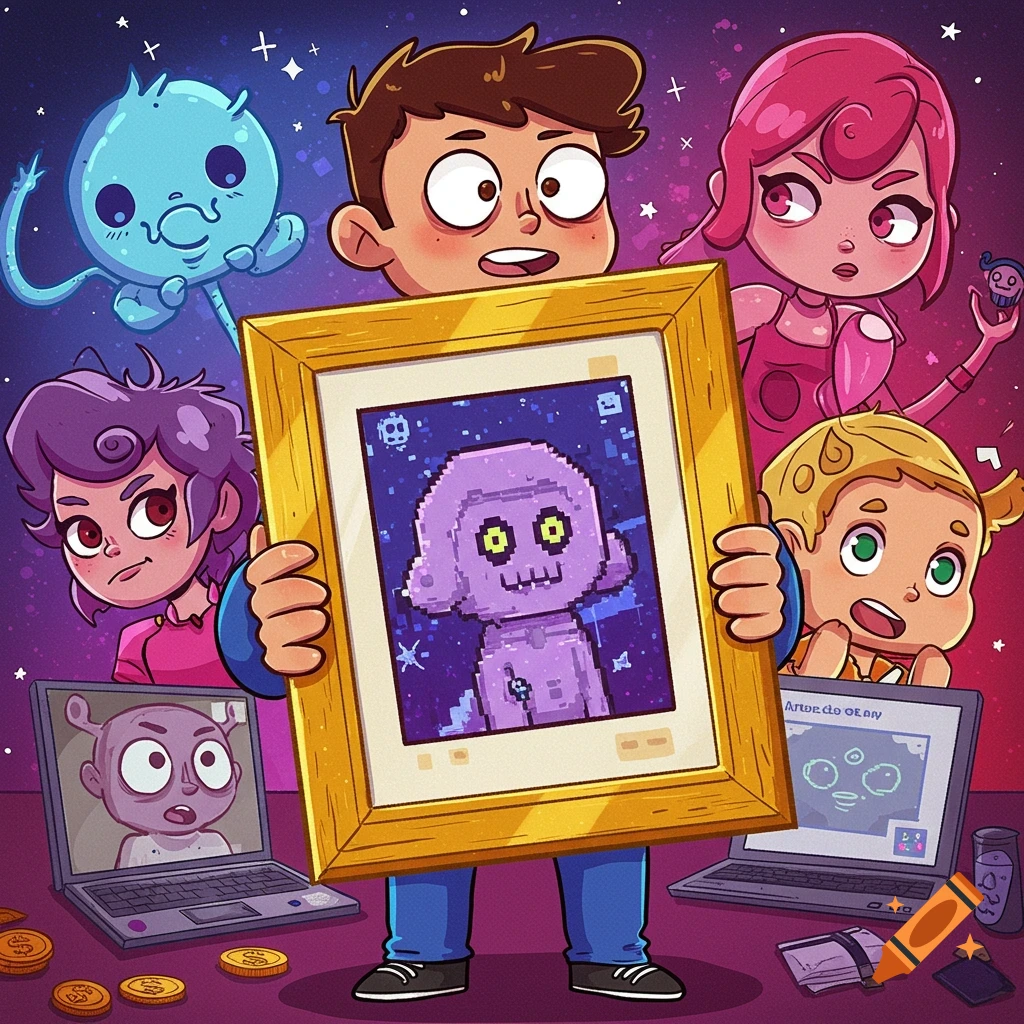 A boy holds a framed pixel art NFT figure surrounded by cartoon characters, laptops, and coins in an illustration style.