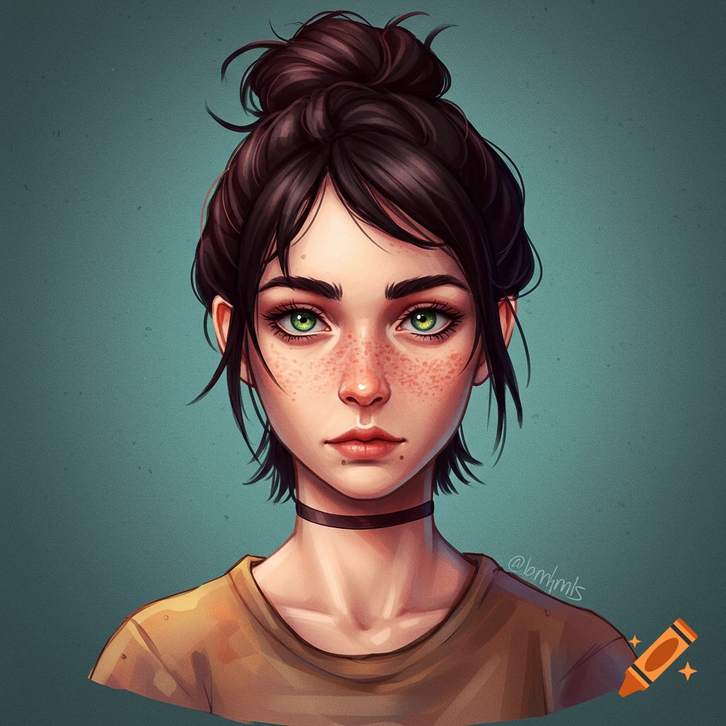 A young woman with a messy bun, green eyes, freckles, and a choker.